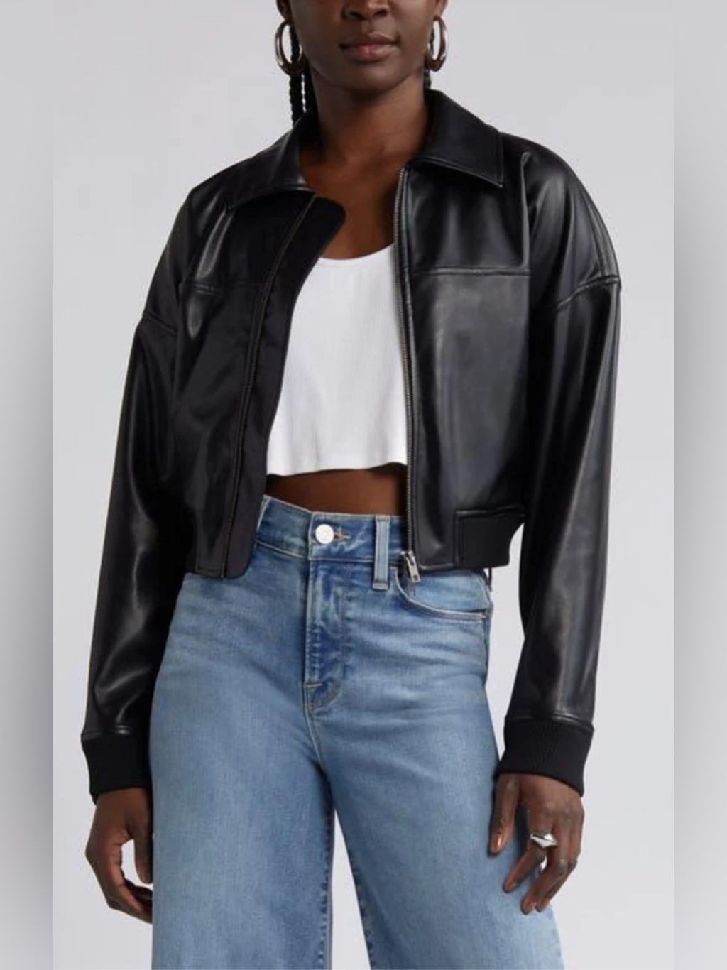 Nwt Open Edit Black Cropped Faux Leather Bomber Jacket Size Small